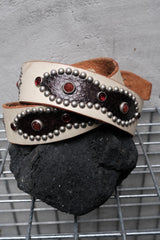 HTC Hollywood Trading Company White Leather Lizard Inlay Stone Studded Belt 美國古董皮件品牌 白色牛皮蜥蜴皮拼接紅寶石鉚釘皮帶