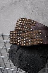 HTC Hollywood Trading Company Brown 5-Row Pyramid Stud Belt with Red Stone Buckle 美國古董皮件品牌 深棕色5排全金字塔鉚釘紅石扣皮帶