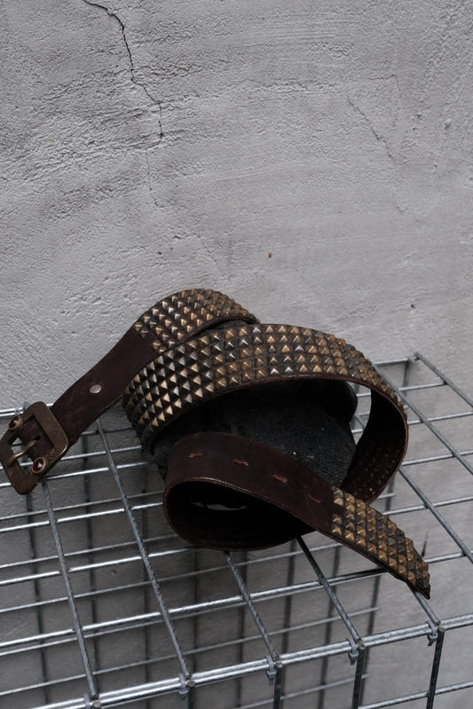 HTC Hollywood Trading Company Brown 5-Row Pyramid Stud Belt with Red Stone Buckle 美國古董皮件品牌 深棕色5排全金字塔鉚釘紅石扣皮帶