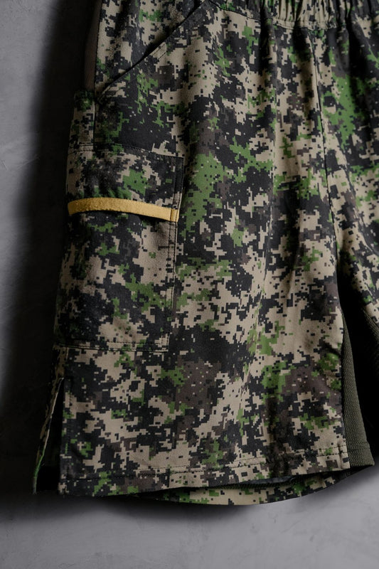 Mountain Martial Arts MMA 19S/S 7 Pocket Run Shorts. These Japanese outdoor trail running shorts are digital camouflage and made in Japan.