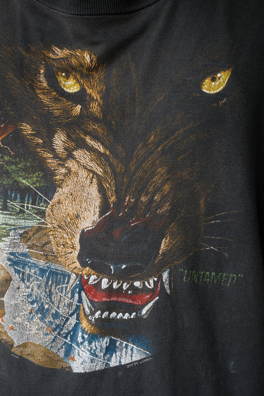 1990's ZIP IT LONDON Wolf Print Tee Single Stitch Vintage wolf animal print short T