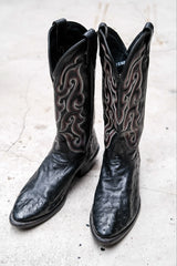 Nocona Black Full Quill Ostrich Leather Western Boots with Flame Stitch Embroidery黑色鴕鳥皮火焰刺繡西部靴 美國製