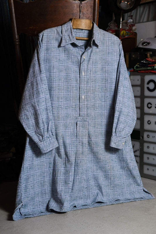 French 70's~80's Vintage Night Smock Shirt French vintage three-dimensional plaid stitched long version pajama shirt (product available at Hai Anemone Studio)