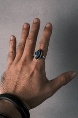 Vintage European Stamped Silver Ring with Blue Iridescent Stone 歐洲古董 印紋銀戒｜藍色變彩石