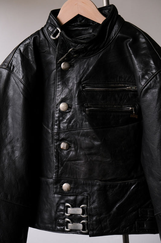 70's Vintage Cropped Leather Biker Jacket 立領