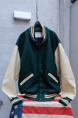 Vintage Delong Green Wool Blend Varsity Bomber Jacket, Made in USA, Retro Preppy Style, Wool and Leather Sleeve Baseball Jacket