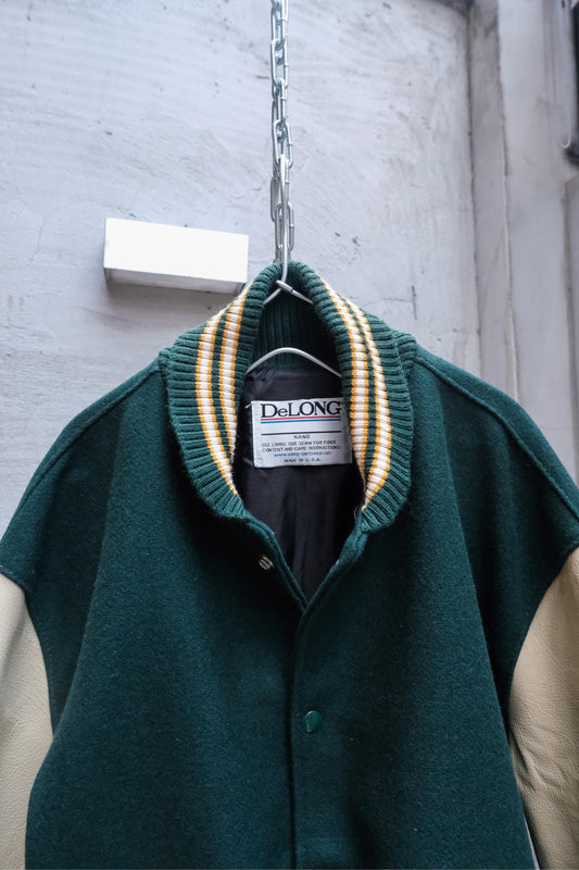 Vintage DeLong Green Wool Blend Varsity Bomber Jacket USA Made 美製復古 學院風 羊毛皮袖棒球外套