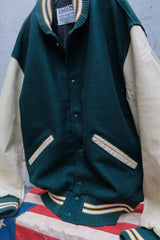 Vintage Delong Green Wool Blend Varsity Bomber Jacket, Made in USA, Retro Preppy Style, Wool and Leather Sleeve Baseball Jacket