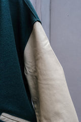 Vintage Delong Green Wool Blend Varsity Bomber Jacket, Made in USA, Retro Preppy Style, Wool and Leather Sleeve Baseball Jacket