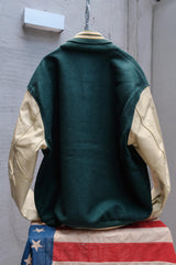 Vintage Delong Green Wool Blend Varsity Bomber Jacket, Made in USA, Retro Preppy Style, Wool and Leather Sleeve Baseball Jacket