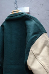 Vintage Delong Green Wool Blend Varsity Bomber Jacket, Made in USA, Retro Preppy Style, Wool and Leather Sleeve Baseball Jacket