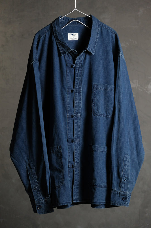 Focus Blue Indigo Ripstop Chinese Button Shirt Guangzhou blue dye brand tear-resistant cloth button shirt (product in Anemone Studio)