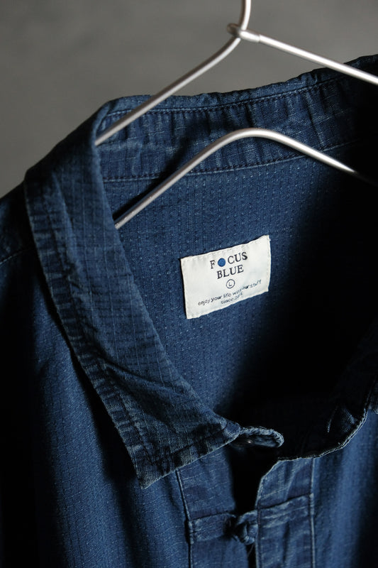 Focus Blue Indigo Ripstop Chinese Button Shirt Guangzhou Indigo Ripstop Chinese Button Shirt