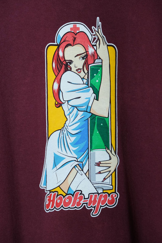 90's Hook-Ups Skateboard Anime Nurse Tee American early board animation nurse print short kick made in the United States