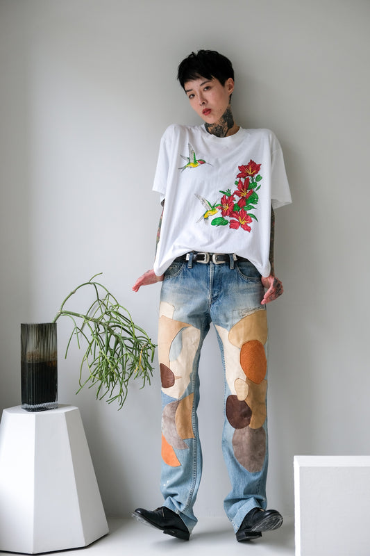 Vintage Flower &amp; Bird Print Tee Hummingbird and Flower Vintage Print Short T