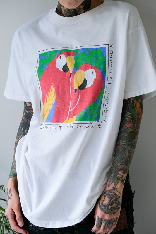 90's Vintage Saint Thomas Virgin Islands Print Tee 90's American-made vintage Caribbean St. Thomas Island parrot print short T bicycle stitching