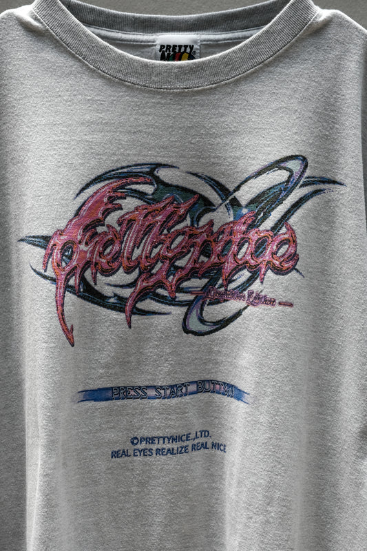 PRETTYNICE "PRESS START BUTTON" Cyber Gothic Tee 台灣街頭文化品牌 數碼流線型電鍍金屬字體灰色短袖Tee