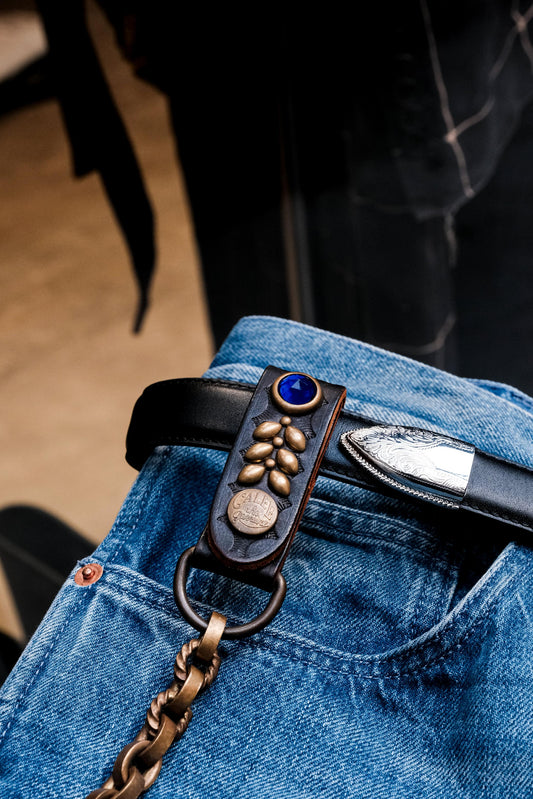 CALEE Studded Leather Wallet Chain BLUE 日系復古美式品牌 藍寶石鉚釘皮革腰鍊