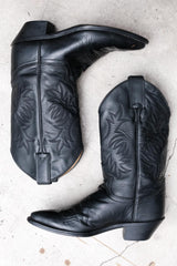 Justin Lady Black Leather Embroidered Snip Toe Western Boots 女版黑色刺繡尖頭西部牛仔靴 墨西哥製