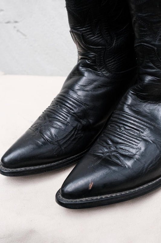 Justin Lady Black Leather Embroidered Snip Toe Western Boots 女版黑色刺繡尖頭西部牛仔靴 墨西哥製