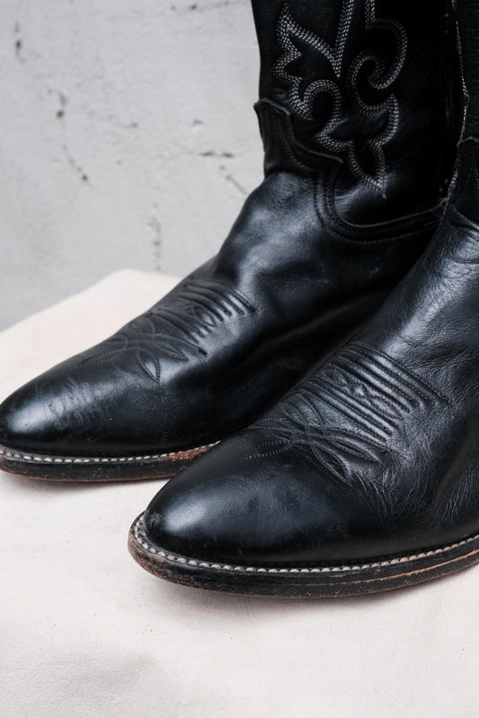 Justin Black Leather Embroidered Snip Toe Western Boots 黑色刺繡尖頭西部牛仔靴 墨西哥製