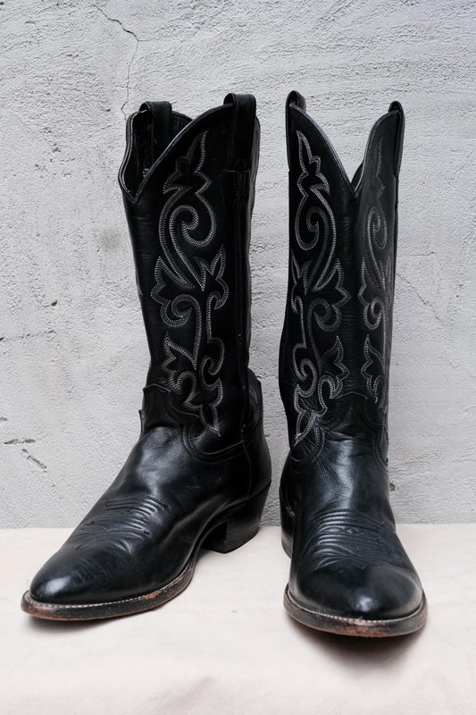 Justin Black Leather Embroidered Snip Toe Western Boots 黑色刺繡尖頭西部牛仔靴 墨西哥製