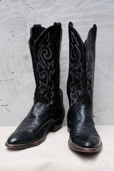 Justin Black Leather Embroidered Snip Toe Western Boots 黑色刺繡尖頭西部牛仔靴 墨西哥製