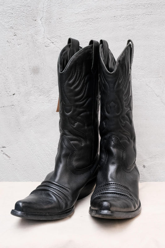 Vintage Black Snip Toe Embossed Western Boots 黑色壓紋尖頭西部靴 巴西製