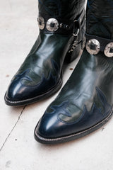 Dark Olive Leather Brogue Western Boots 墨綠色皮革雕花西部靴