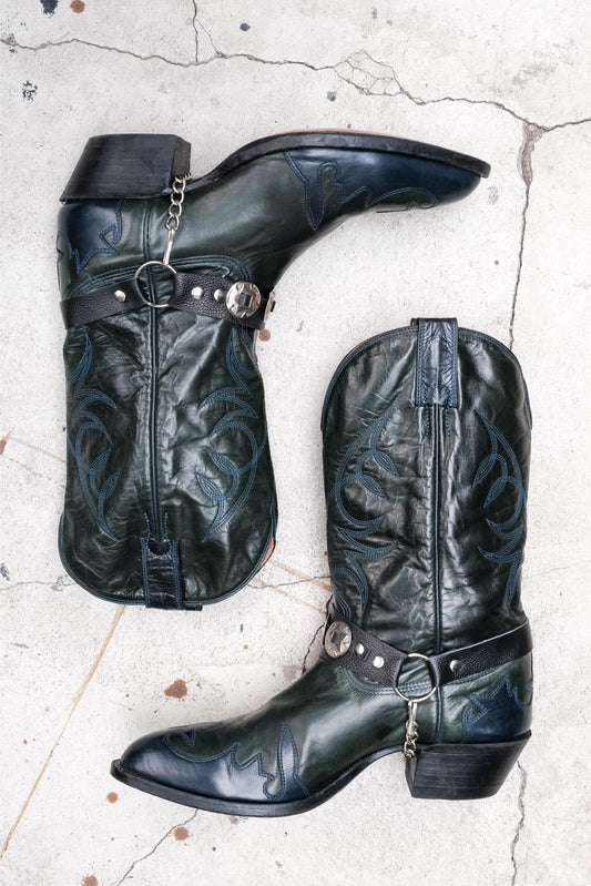 Dark Olive Leather Brogue Western Boots 墨綠色皮革雕花西部靴