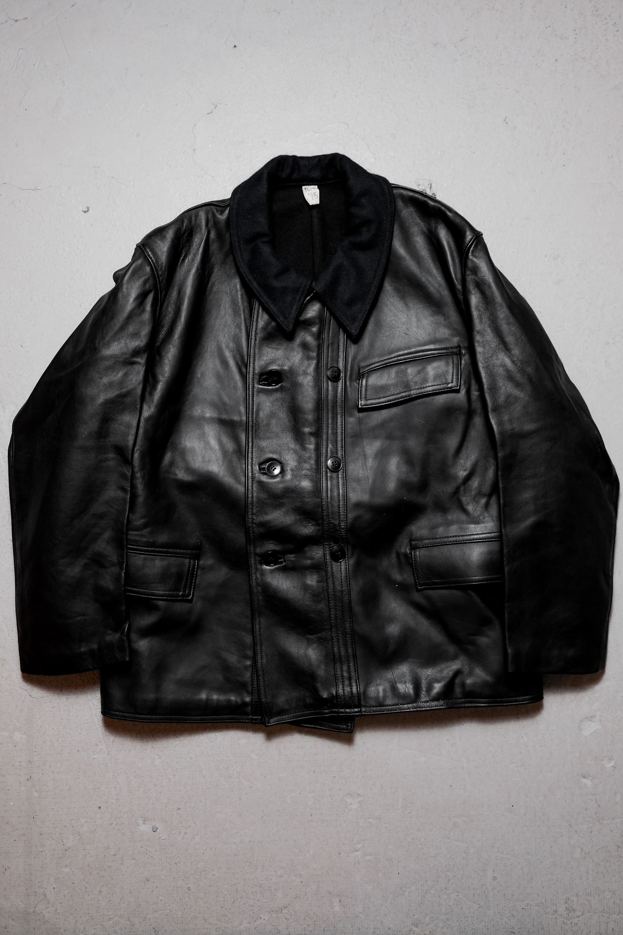 French Vintage Work Leather Jacket(Le Corbusier Style) Wool Collar