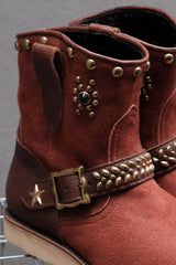 CALEE Studded Suede Leather Engineer Boots 酒紅色麂皮拼接牛皮鉚釘工程靴 Vibram底 日本製