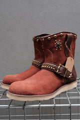 CALEE Studded Suede Leather Engineer Boots 酒紅色麂皮拼接牛皮鉚釘工程靴 Vibram底 日本製