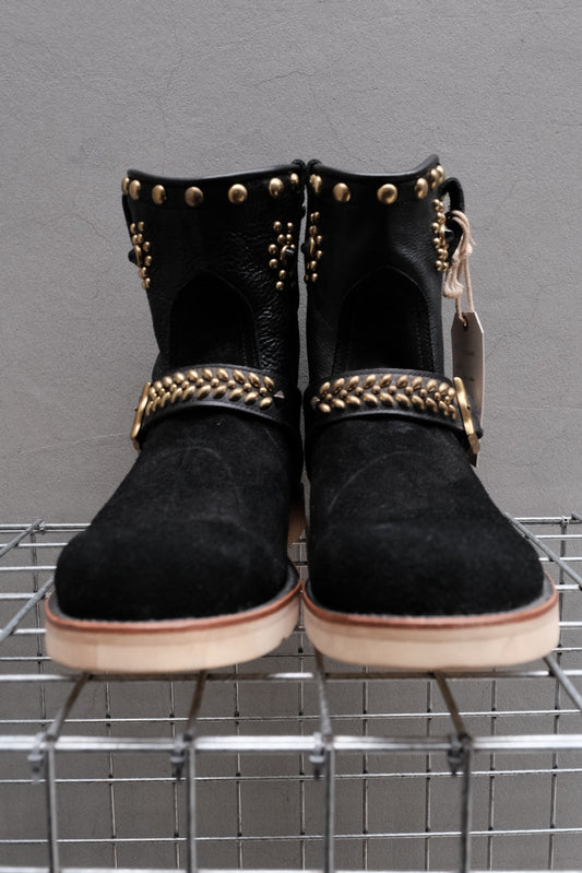 CALEE Studded Suede Leather Engineer Boots Black 黑色麂皮拼接牛皮鉚釘工程靴 Vibram底 日本製