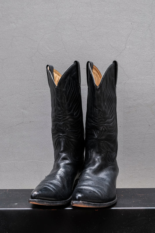 Vintage Plain Toe Black Leather Cowboy Boots黑色尖頭皮革牛仔靴
