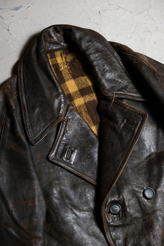 Vintage Euro 1940/50s  Double Breasted Leather Coat Jacket 歐洲1940/50年代古著雙排扣皮大衣