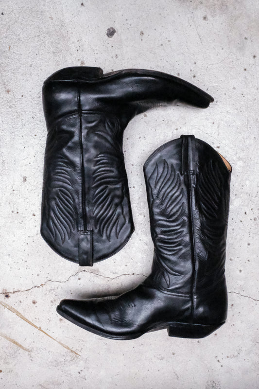 Vintage Plain Toe Black Leather Cowboy Boots黑色尖頭皮革牛仔靴