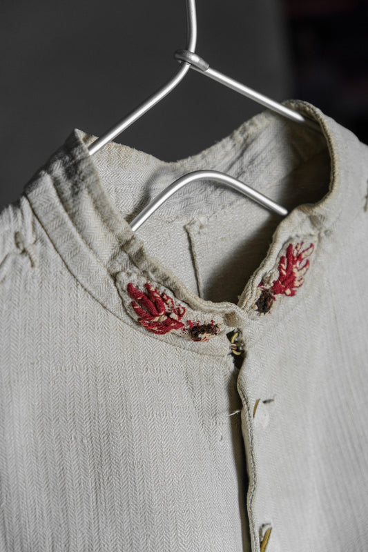 French 19th C. Antique White linen Fireman Jacket 法國19世紀古董 胚色亞麻人字紋消防員外套