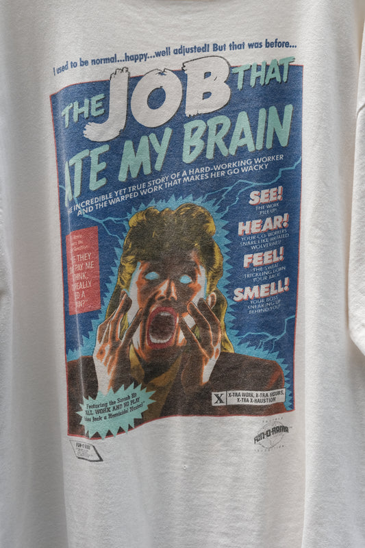 1990s Fun-O-Rama "The Job That Ate My Brain" B-Movie Parody single stitch Tee White