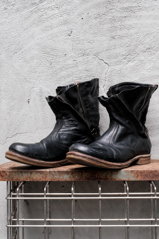 A.S.98 Distressed Black Leather Double Zip Ankle Boots 義大利手工舊化黑色皮革雙拉鍊短靴