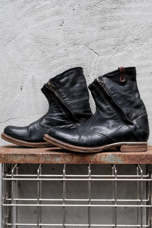 A.S.98 Distressed Black Leather Double Zip Ankle Boots 義大利手工舊化黑色皮革雙拉鍊短靴