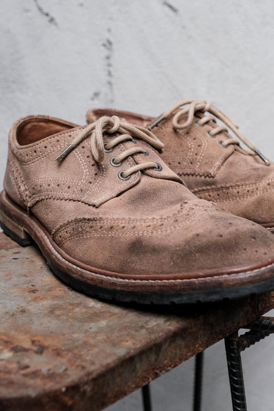 AllSaints Suede Wingtip Brogue Shoes 舊化卡其翻毛皮翼紋雕花低筒皮鞋