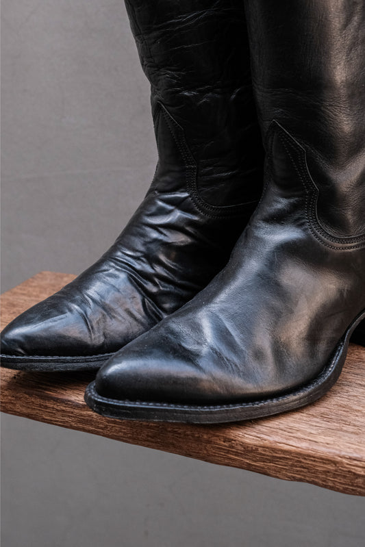 Mocona Black Smooth Leather Pointed-Toe Western Cowboy Boots 全黑素面牛皮經典尖頭西部牛仔靴 固特異Neolite底
