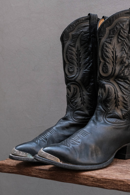 Tony Lama USA Made Black Leather Silver Metal-Cap Western Cowboy Boots 美國德州西部靴老牌 雕花銀色金屬包頭工藝刺繡尖頭西部牛仔靴