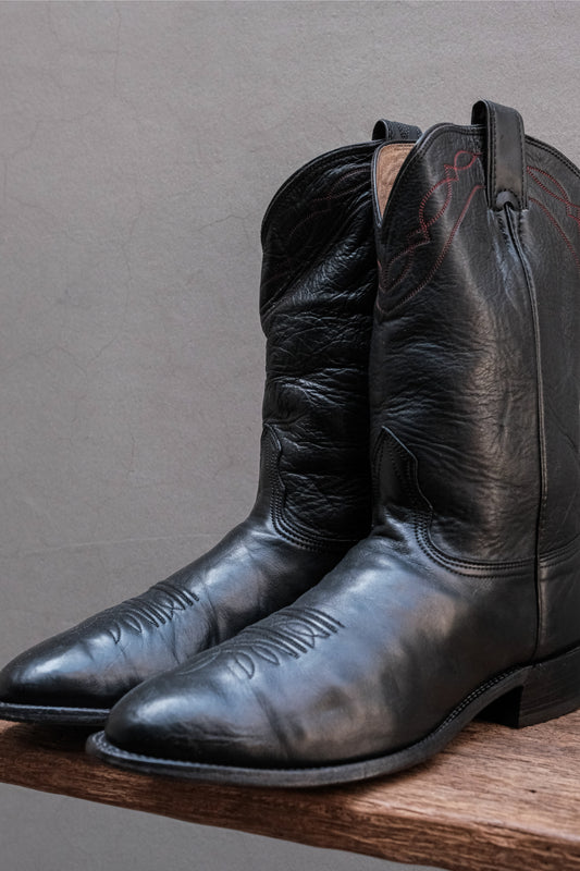 Vintage Textured Black Leather Red-Stitched Roper Western Boots 手工軟牛皮圓頭刺繡工裝牛仔靴