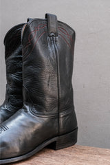 Vintage Textured Black Leather Red-Stitched Roper Western Boots 手工軟牛皮圓頭刺繡工裝牛仔靴