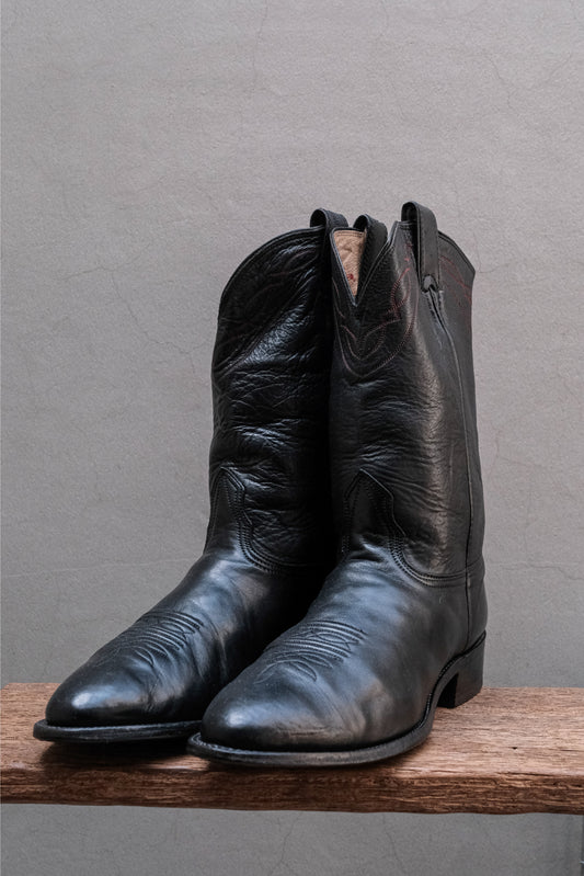 Vintage Textured Black Leather Red-Stitched Roper Western Boots 手工軟牛皮圓頭刺繡工裝牛仔靴