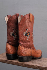Colorado Boots Cognac Ostrich Leather Ostrich-Embroidered Western Boots 復古鴕鳥皮手繪感駝鳥刺繡雕花西部牛仔靴