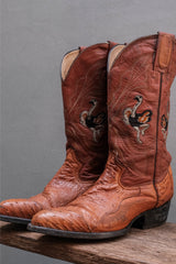 Colorado Boots Cognac Ostrich Leather Ostrich-Embroidered Western Boots 復古鴕鳥皮手繪感駝鳥刺繡雕花西部牛仔靴