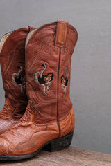 Colorado Boots Cognac Ostrich Leather Ostrich-Embroidered Western Boots 復古鴕鳥皮手繪感駝鳥刺繡雕花西部牛仔靴